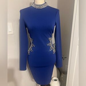 Blue Asymmetrical Bodycon Dress with Long Sleeves